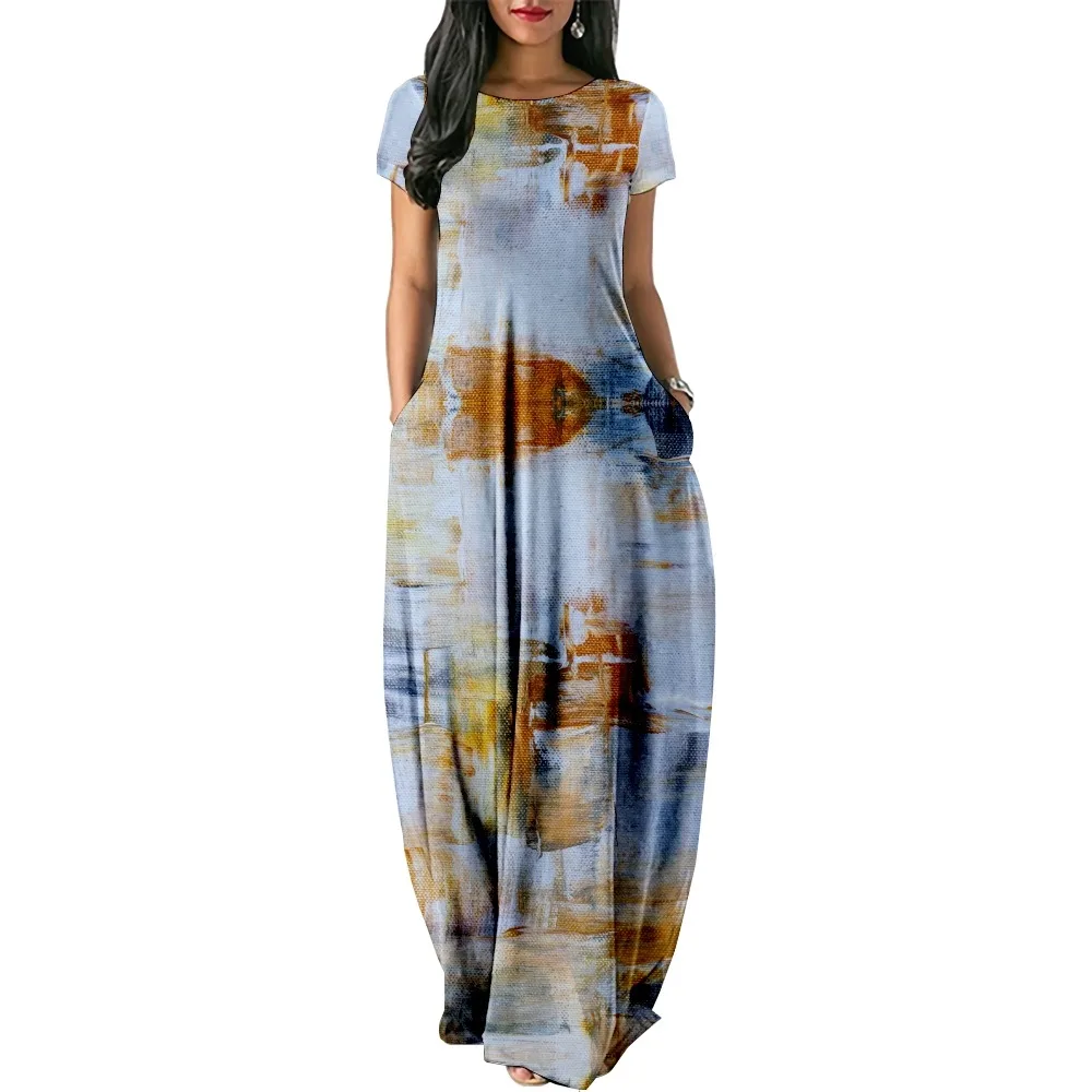 

Женское платье с принтом масляной живописи, повседневное Свободное длинное платье с коротким рукавом и двойным карманом