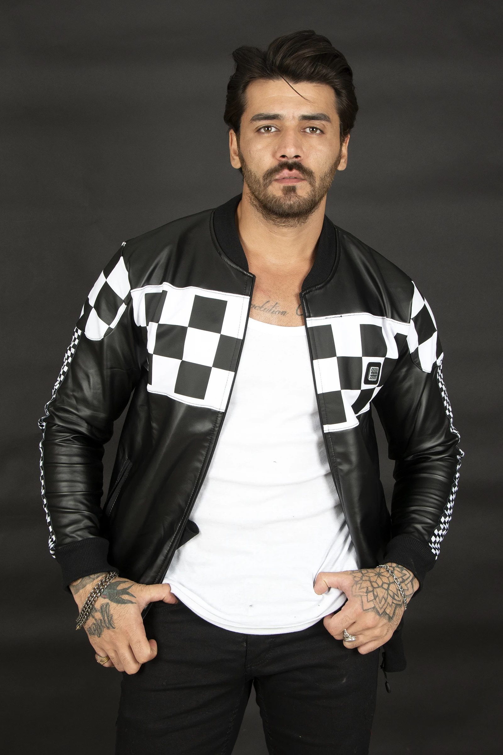 DeepSEA Checkerboard Embossed Zipper Leather Coat 2100182