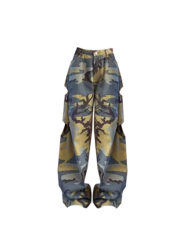 

Брюки женские камуфляжные с завышенной талией и широкими штанинами, уличная одежда, мешковатые штаны в пол, винтажные длинные брюки в стиле панк, одежда на лето