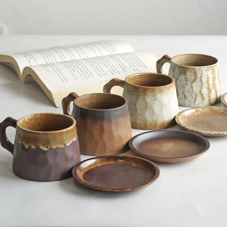 

310ml/10oz Japanese-style Vintage Handmade Ceramic Coffee Mug Stoneware Artistic Tea Cup With Saucer