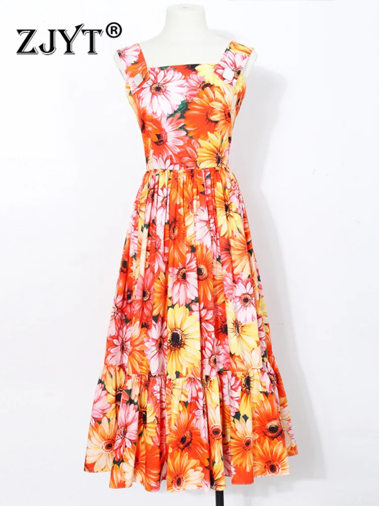 

ZJYT Runway Fashion Women's Summer Flower Print Midi Dress Spaghetti Strap Elegant Vacation Beach Vestidos Sexy Party Sundress