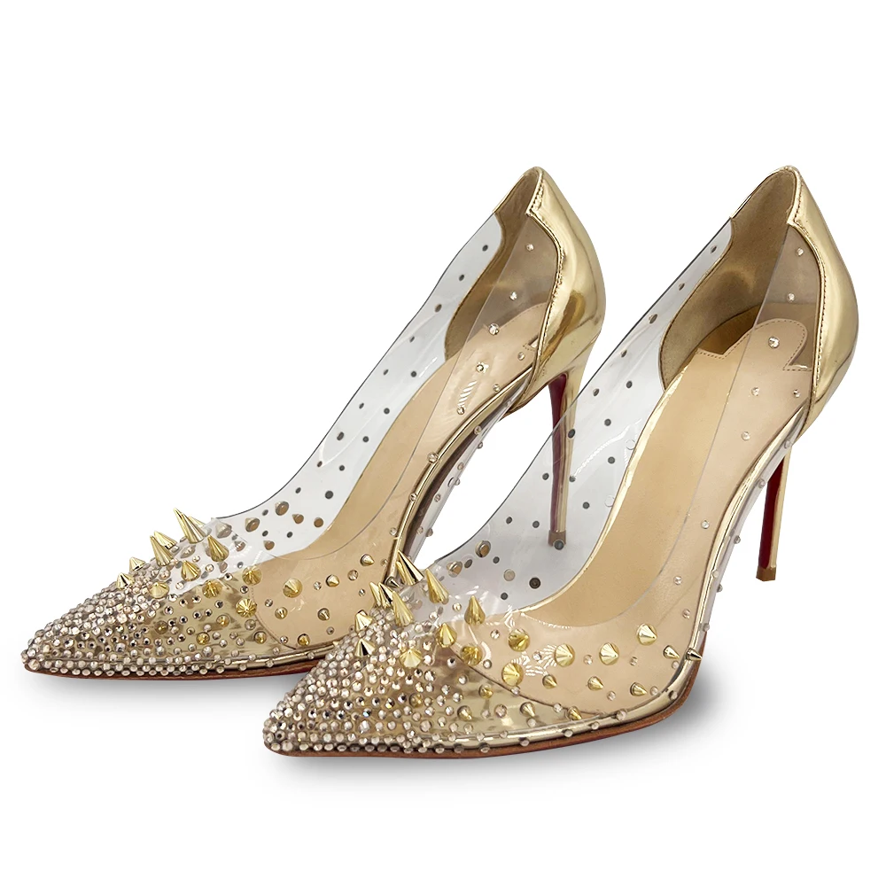 

Rhinestones Crystal Pumps Stilettos Solid Gold Rivet Red Bottom High Heels Ladies Luxury Designer Brands Women Wedding Shoes