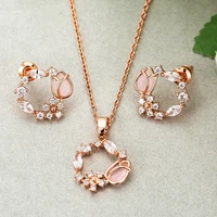 trendy crystal flowers necklace earrings jewelry sets for women charm rose gold drop earrings choker bridal jewelry brincos new
