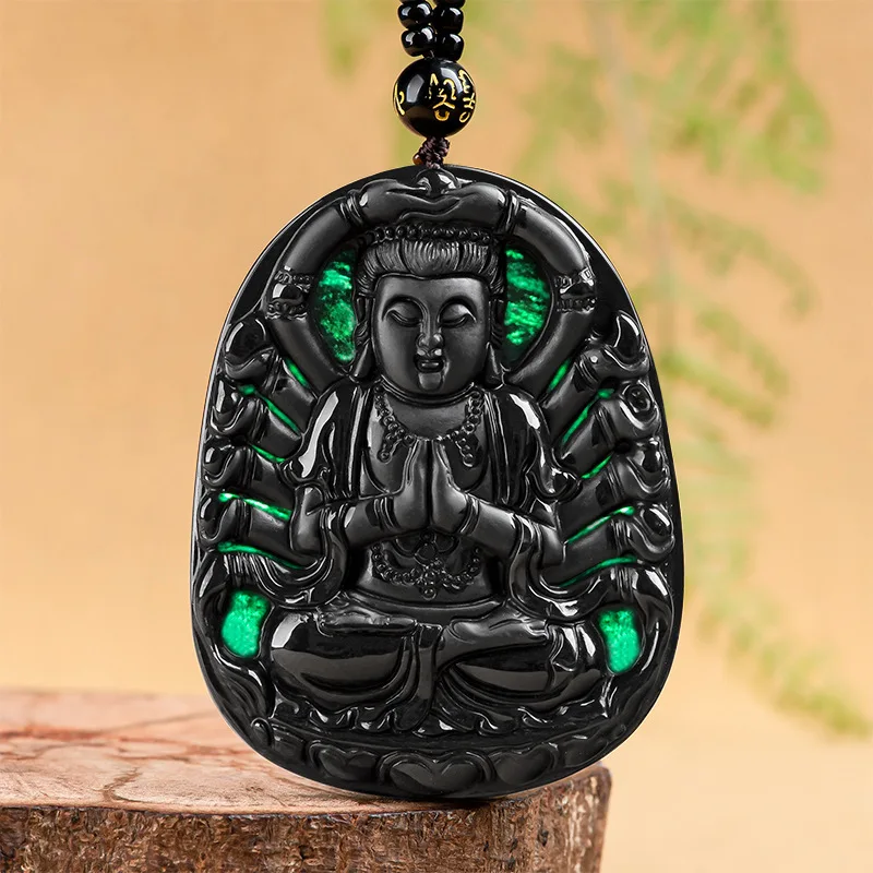 Natural Ink Emerald Thousand Hand Guanyin Jade Pendant Ice Black Jade Safety Pendant