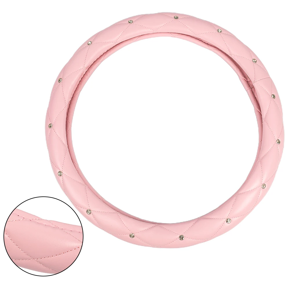 

Parts Steering Wheel Cover Pink Accessories Crystal Diamond Decor Non-Slip W/ Rhinestone Bling PU Leather Durable