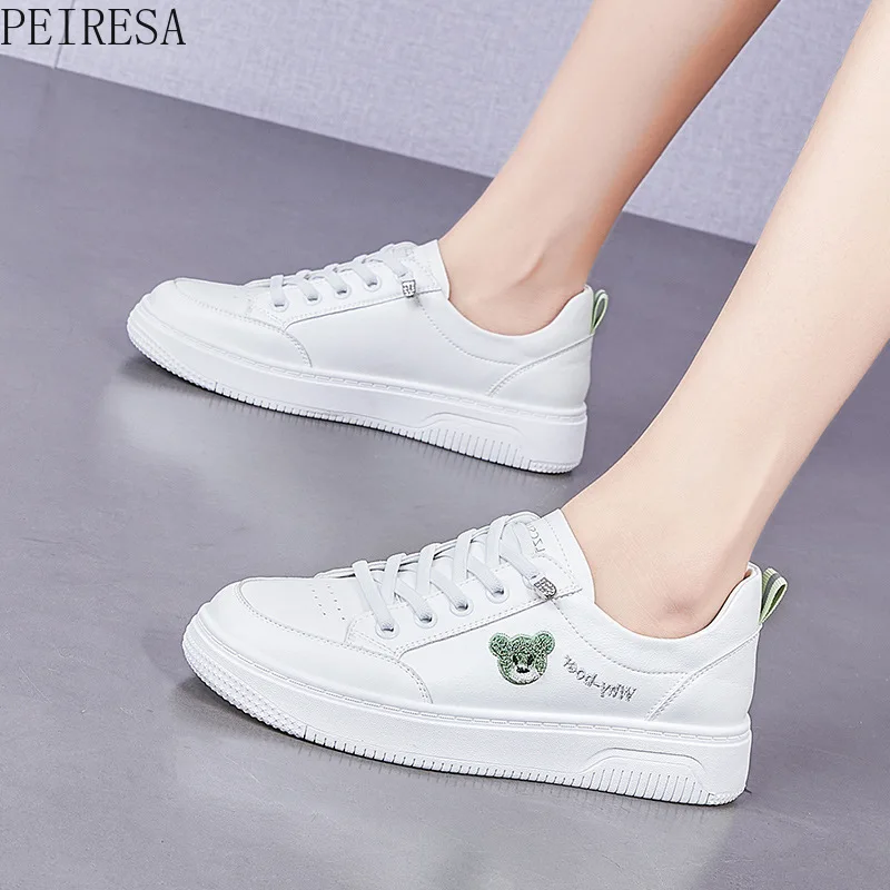 Flat Casual Shoes Leather 2022 Spring and Autumn New Bear Lace Up White Shoes Elastic Women's Shoes