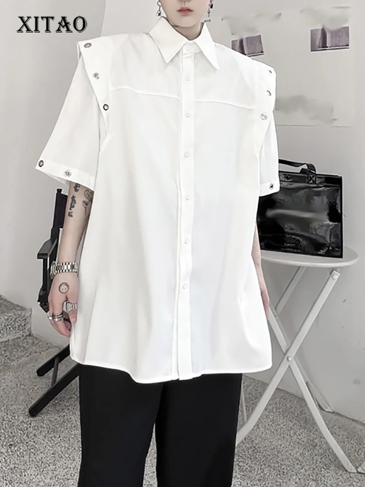 

XITAO Patchwork Sequined Single Breasted Shirts Turn-down Collar Loose Solid Color Short Sleeve 2023 Summer New Arrival DMJ1321