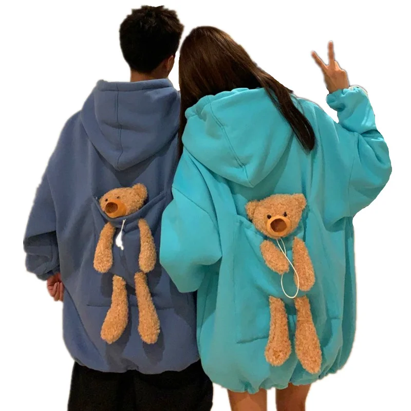 

Bear Hoodies Women Thicken Plus Velvet Bear Toy In Back Big Pocket Winter Warm Hooded Sweatshirt Couple Matching Pullovers