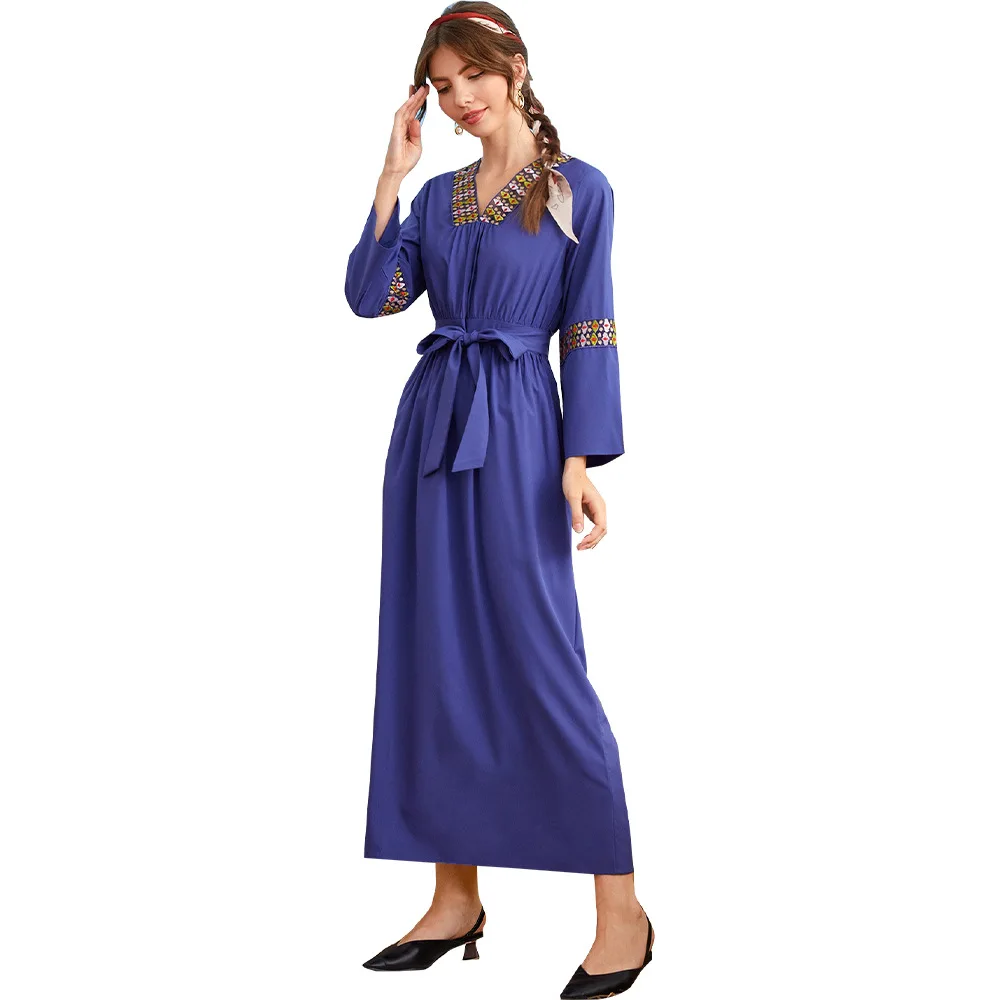Embroidery 2023 V Neck Long-sleeved Lace-up Long Dress Middle East Muslim Fashion Vestidos Arabes Dubai Y Turcos