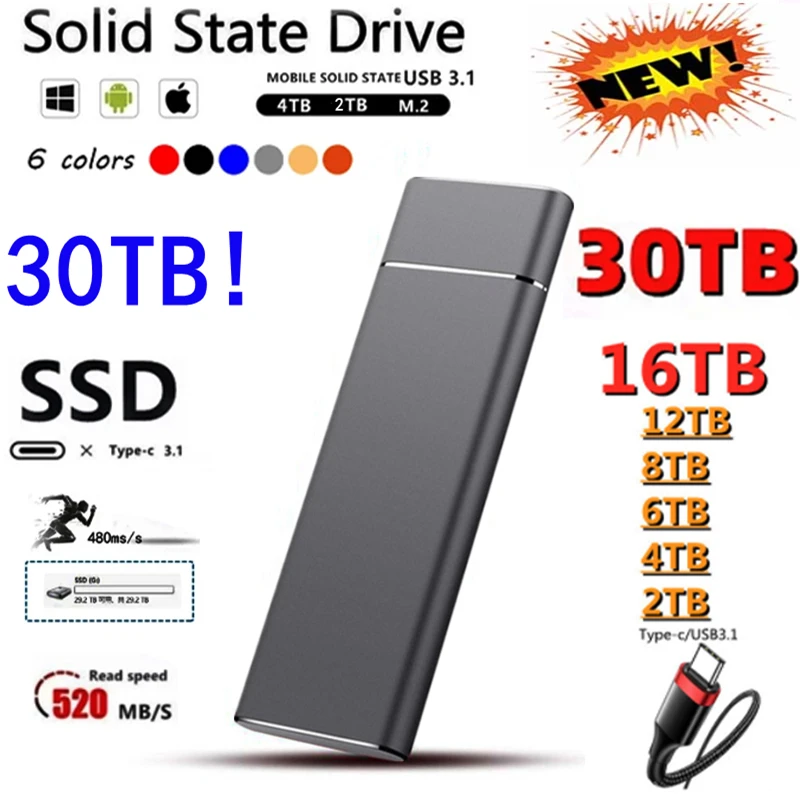 Portable External SSD 2TB High Speed SSD 2TB 4TB 8TB Solid Hard Drive USB 3.1 Type-C 16TB Mobile Hard Disks For Laptops Storage