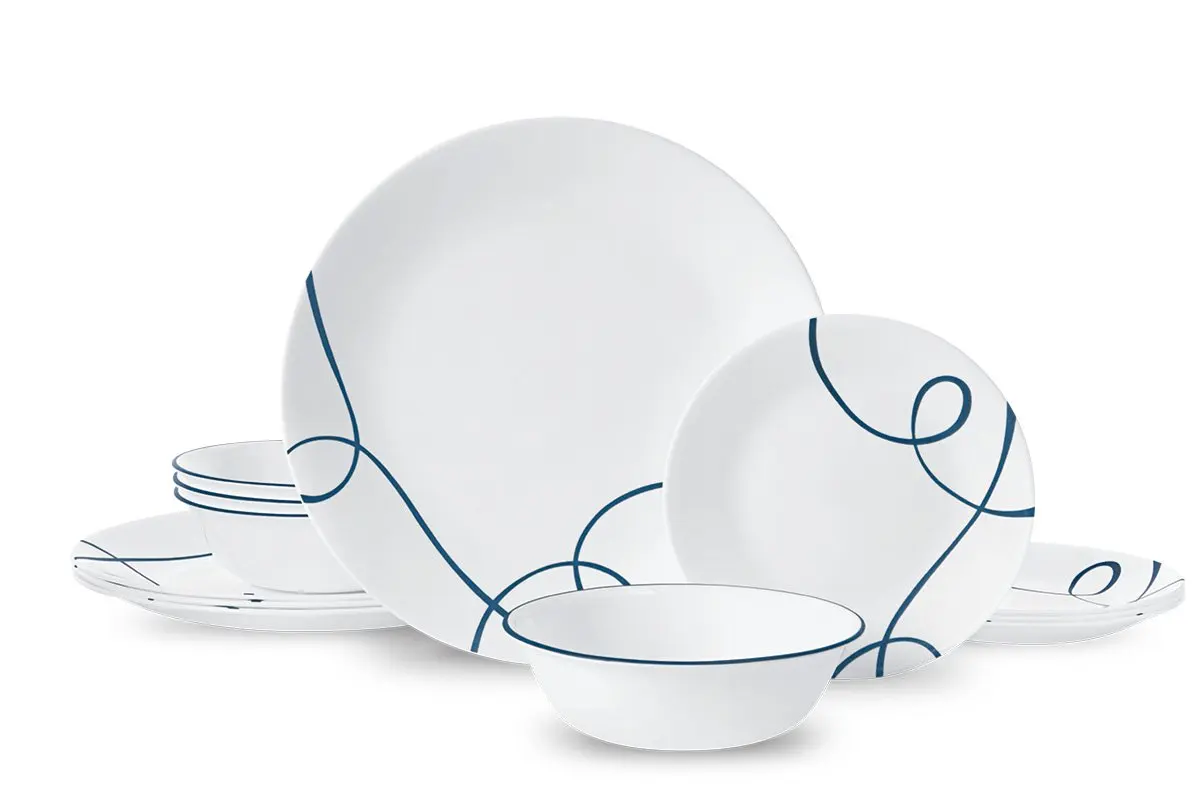 

®- Lia, White and Blue Round 12-Piece Dinnerware Set