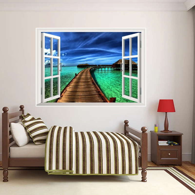 Креативная Съемная Настенная Наклейка с видом на море искусственное окно