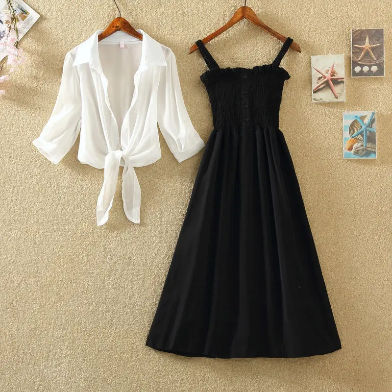 

Women 2022 Summer New Fashion casual Two Piece Set Female Mesh Ruched Midi Dress Bow Tie Chiffon Blouse Shirt Tops Set Suits N66
