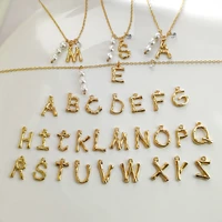 flatfoosie gold color metal bamboo 26 letter initial necklace for women fashion alphabet pearl crystal pendant necklace jewelry