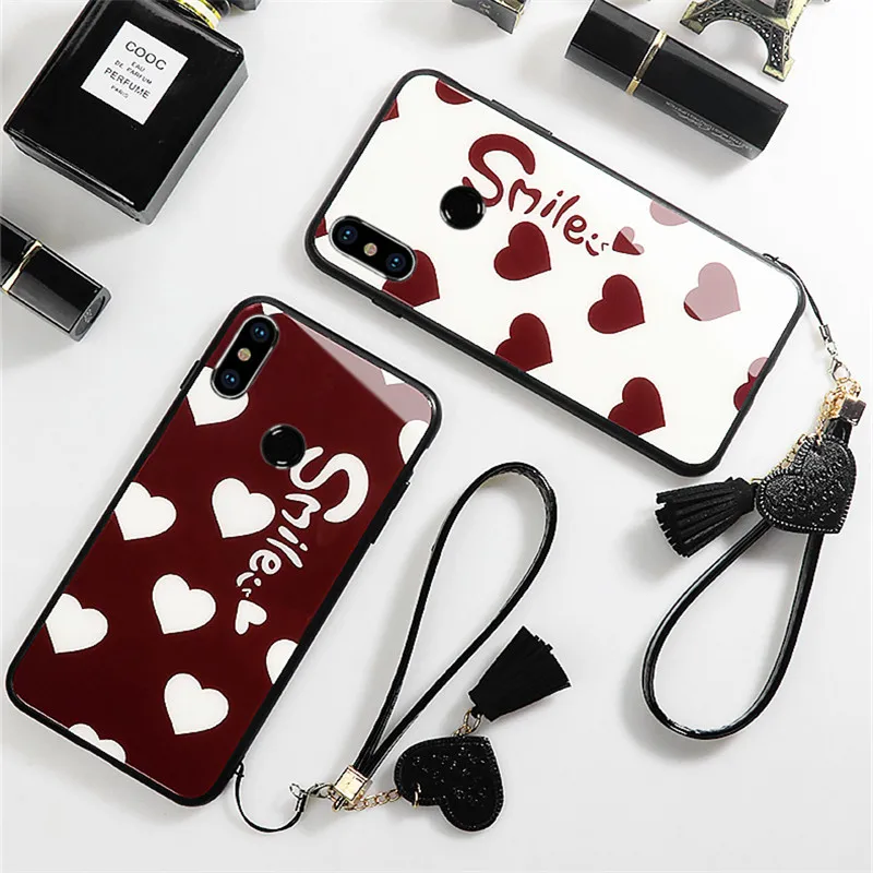 

BONVAN Smile Glass Hard Case For Huawei Honor V10 V20 V30 Love Heart Cover For Honor Play 3 9N 9i 10i 20i Wristband Couqe Capa