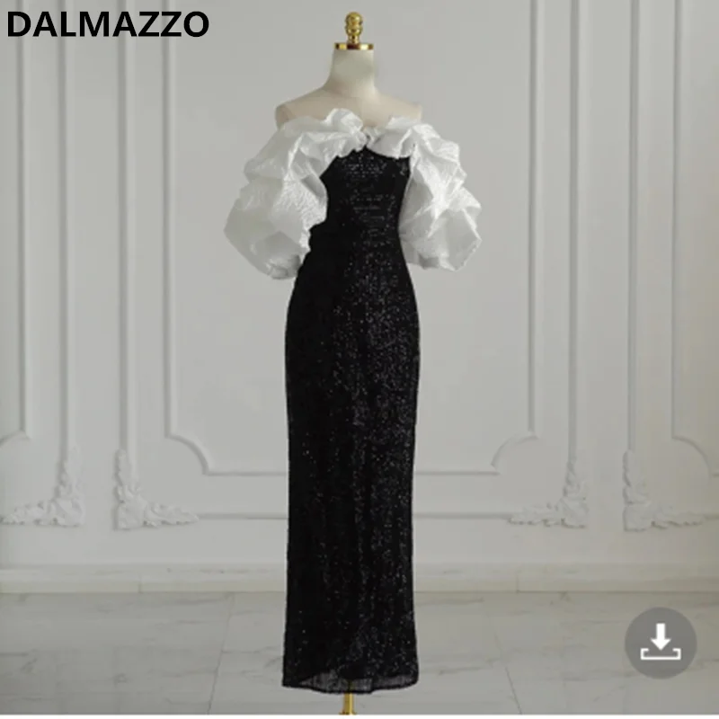 

DALMAZZO Runway Designer Patchwork Sequins Slim Mermaid Long Dress Women Slash Neck Strapless Backless Party Vestidos 2023 New
