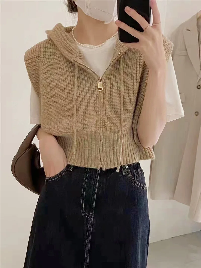 

hooded crop Sweater Vest zipper cardigan chaleco mujer women Sleeveless Jumper Tops knitwears tops outwears womens clothing