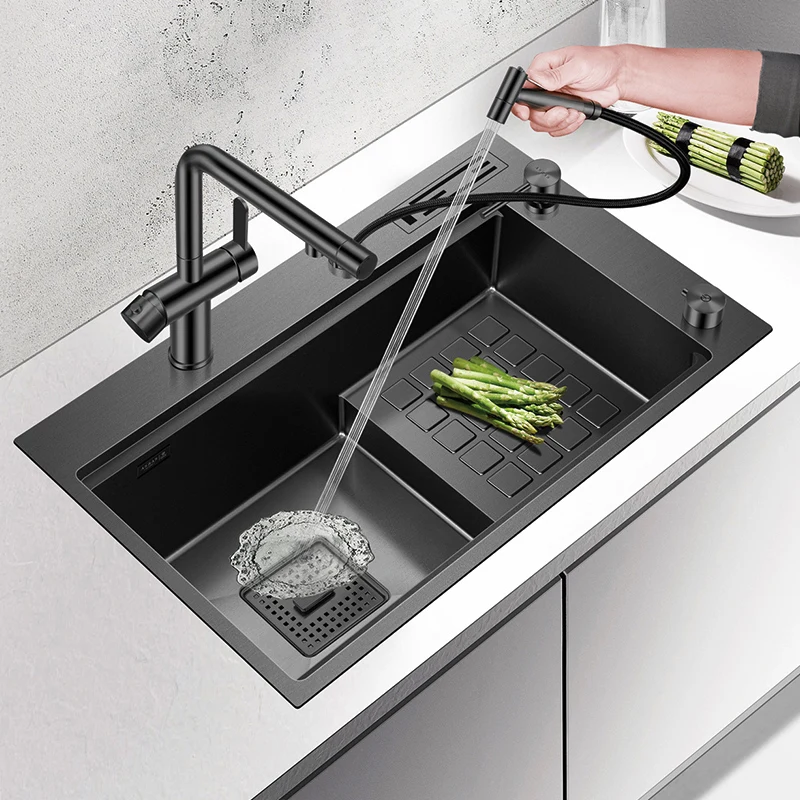 Nanometer Black Step Kitchen Sink SUS 304 Stainless Steel 4mm Thickness Handmade Above Mount Waterfall Faucet Kitchen Sinks