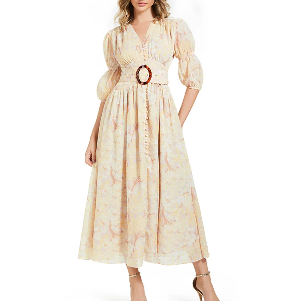 

Женское платье до щиколотки на пуговицах с коротким рукавом и V-образным вырезом