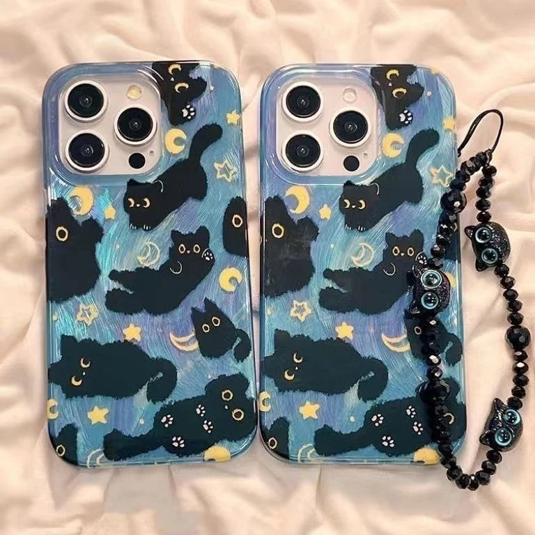 Фото Чехол для телефона с рисунком Dreamy Moon Cute Cat Doodle для iPhone 16e 16 15 14 13 12 11 Pro Max X Xs XR XSMax Plus с текстурой перьев №2