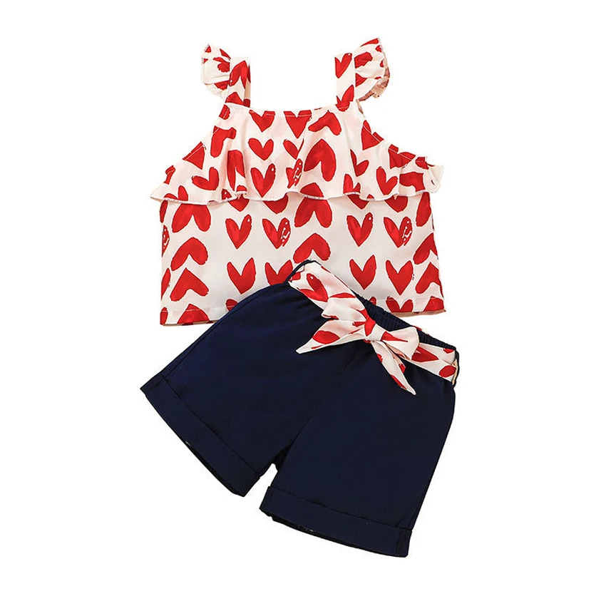 

Costumes for Kids New Toddler Baby Girls Sling Color Love Print Tops+ Solid Shorts 2pc Outfits Set Summer Casual Kids Clothes