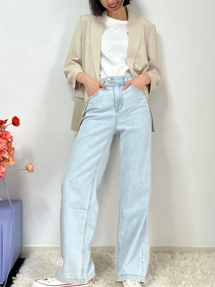 

2022 Autumn and Winter New Solid Color High Waist Zipper Straight Pocket Loose Women Wide Leg Jeans