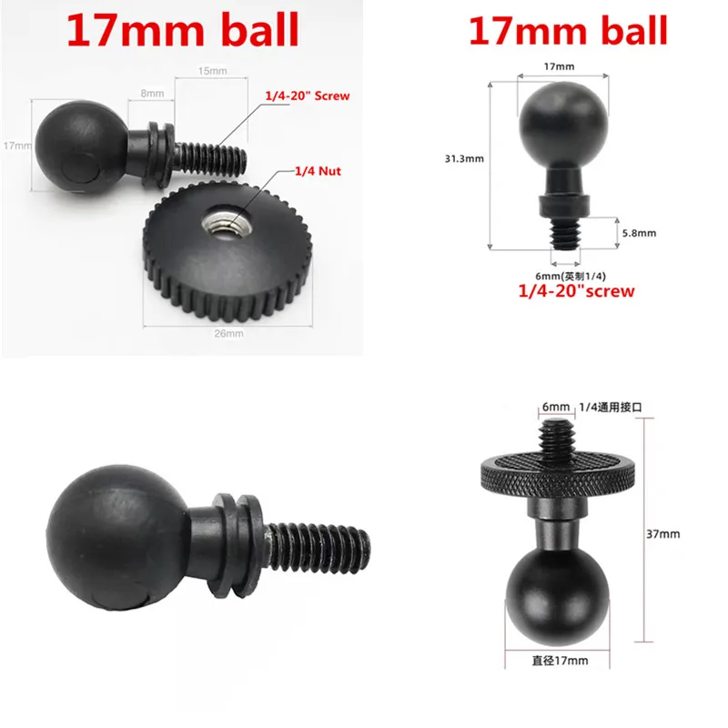 15mm 17mm Ballhead Converter to 1/4 Screw Head for Car Monitor Pad GPS Cellphone Ball Mount Base for gopro