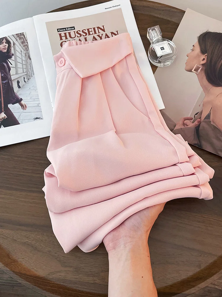 Женские повседневные драпированные брюки розовые широкие с высокой талией