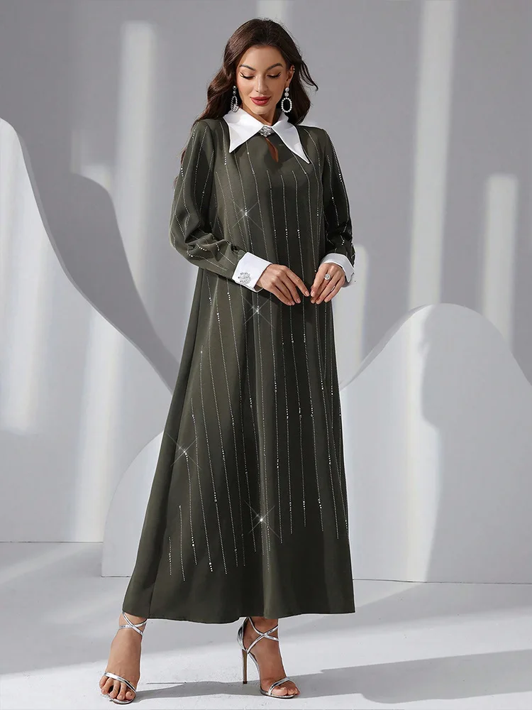Фото SuperAen Elegant Long Sleeve Dress Fashion Hot Diamond Contrast Colour Neckline Long Dress №2