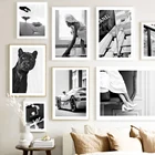 Роскошный автомобиль Леопард женщина ванная черная белая настенная Картина на холсте скандинавские плакаты и принты настенные картины декор для гостиной