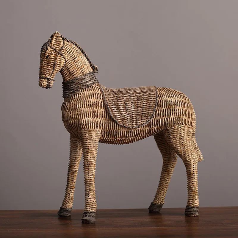 

Rattan Woven Pattern Horse Resin Decoration Living Room Study TV Cabinet Wine Cabinet Home Soft Decorations Light Luxury Gift