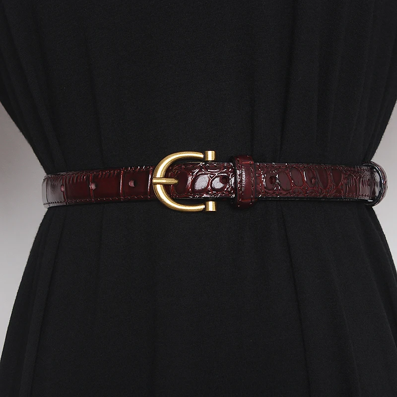Vintage belt for women ladies jeans gold buckle crocodile pattern cowhide thin belts female fashion belt