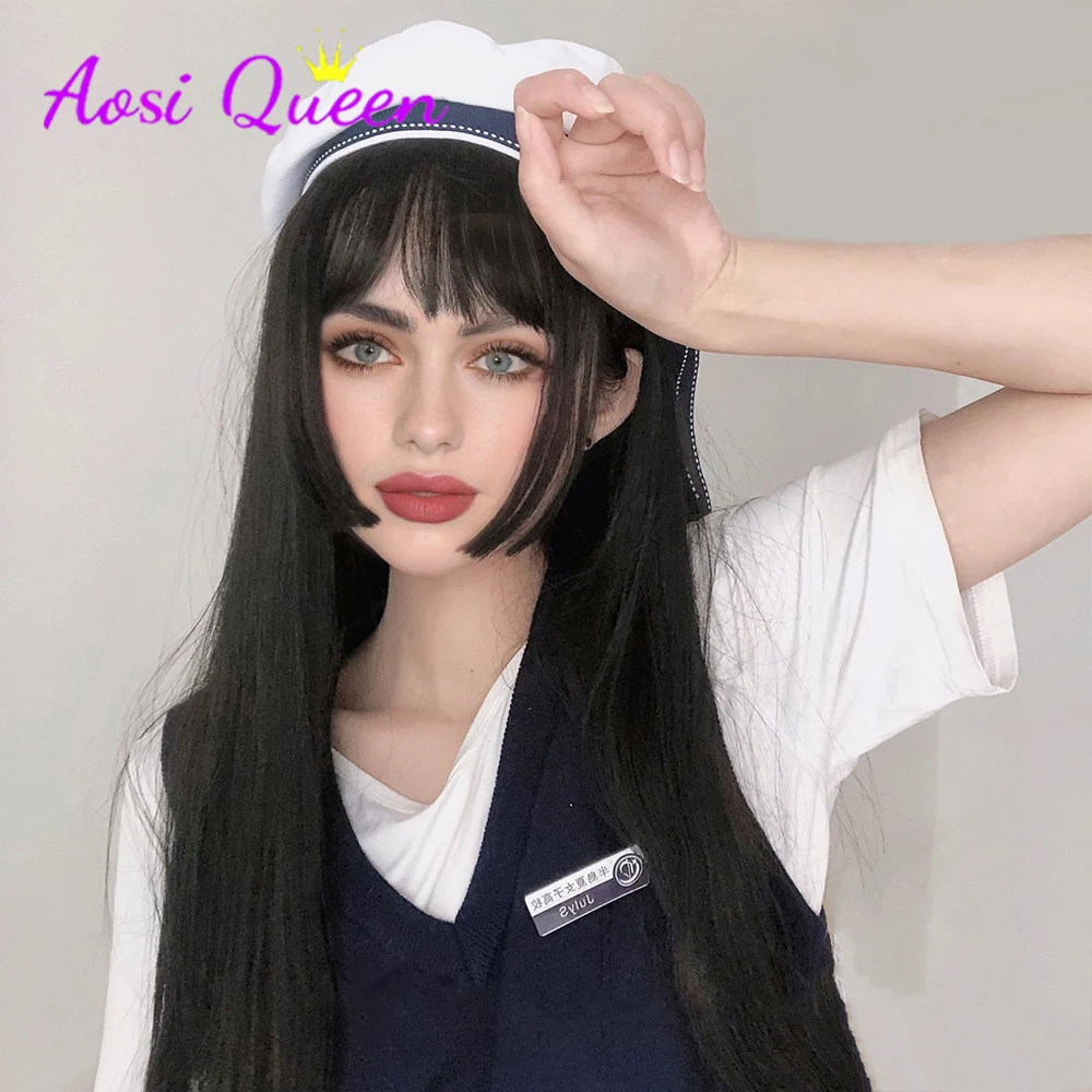 

AS Long Straight Wigs With Bang For Women Black Brown Heat-Resistant Synthetic Full Wig African American Favorite Wigs