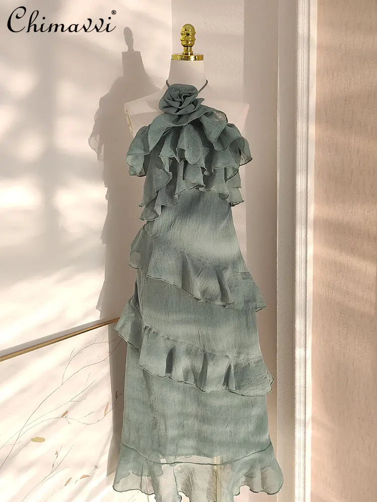 

2023 Summer Clothing New French Elegance Three-Dimensional Flower Ruffled Waist-Tight Slimming Lace-up Halter Dress for Women