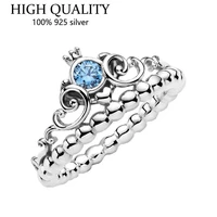 2021 new 925 sterling silver glittering blue crown pan ring is suitable for womens gift wedding diy jewelry
