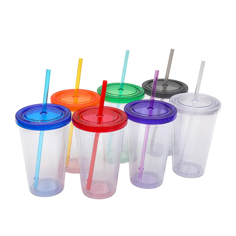Double Plastic Straw Cup cap 16oz upright cup logo fixable color transparent cold drink cup portable water cup.