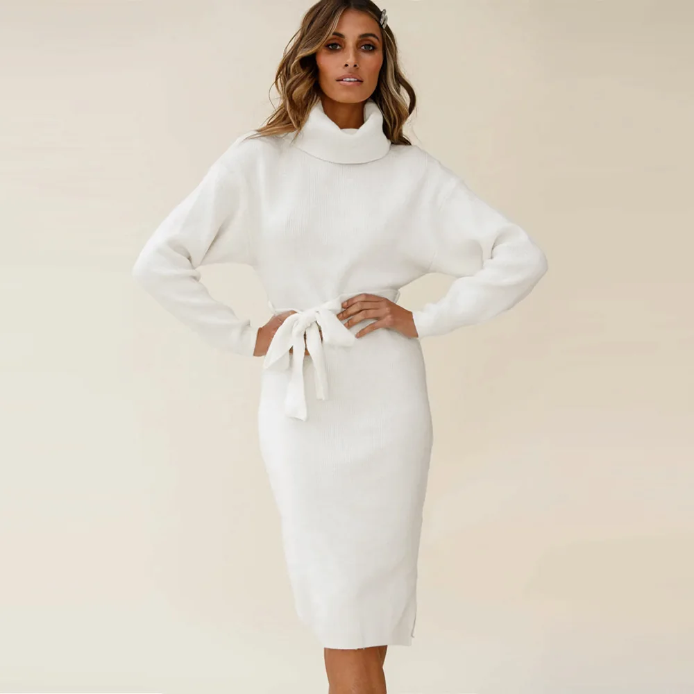 Keep warm Knitted Bodycon Dress Bottoming Women Soft Elastic Turtleneck Sweater Autumn Winter Midi Party Dresses With Belt