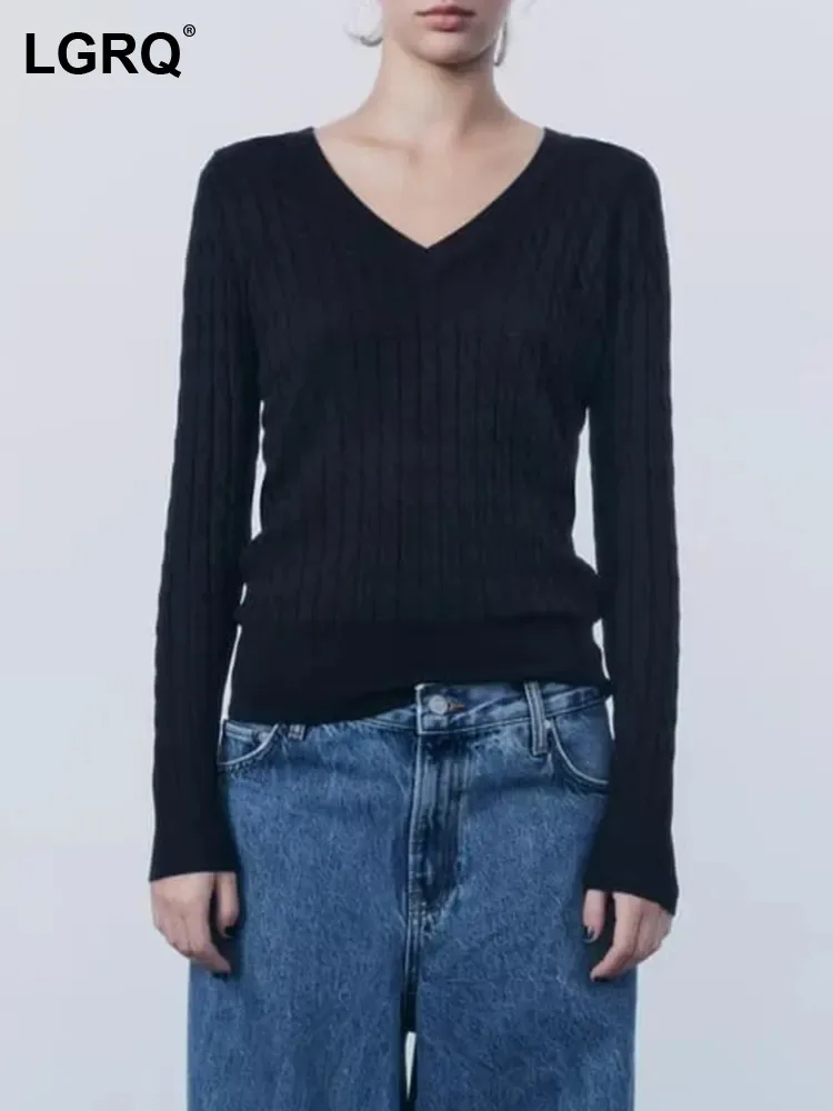 

LGRQ 2023 Autumn New Trendy Solid Color V Neck Casual Knitted Pullover Women Elegant Fashion Temperament Sweater Clothes 19F4371