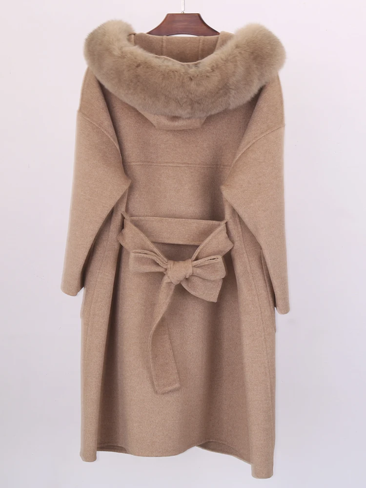 Winter Women Hooded Luxurious Real Fox Fur Coat Long Cashmere Double Faced Wool Jacket Ladies Fashion Streetwear Loose Clothing