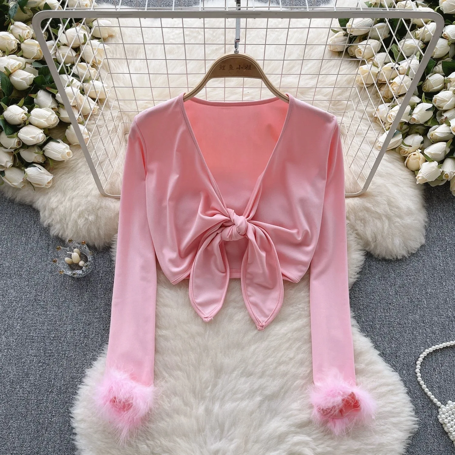 Дизайн манжет с перьями Y2K Женские топы Блузка Рубашка Ins Chic Женская сексуальная