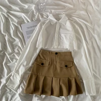 short skirt 2022 autumn irregular short long sleeve shirt women all match high waist thin pleated a line skirt