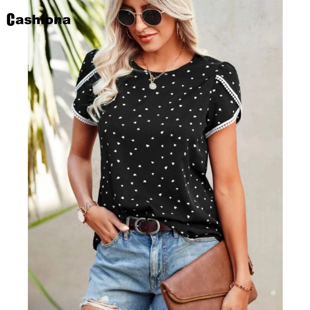 

Cashiona Women Elegant Fashion Dots Print T-shirt Female Short Sleeve Patchwok Tassel Top 2022 Summer New Casual Shirts Clothing