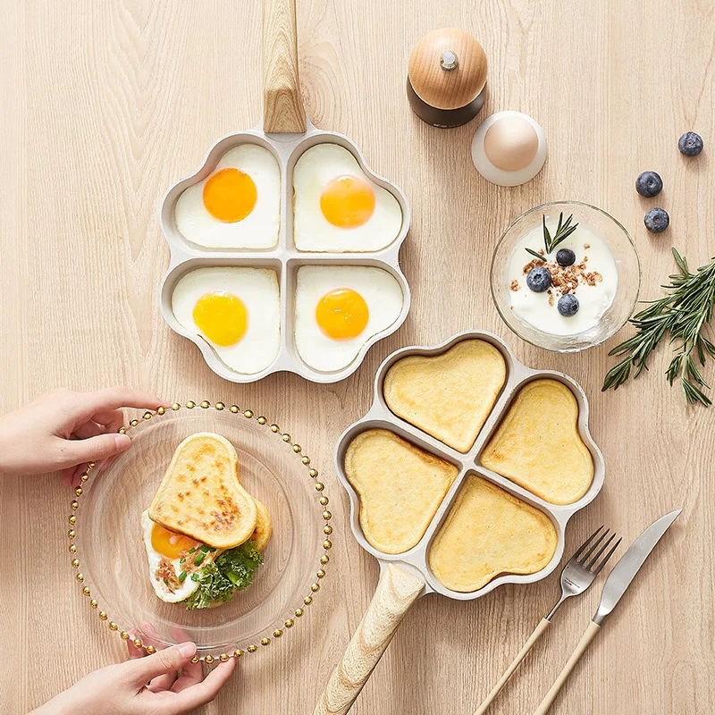 

Non-stick Frying Pot Pan 4 Holes Steak Egg Pancake Thickened Omelet Pan Hamburger Pancake Pan Wooden Handle Pan Kitchen Utensils
