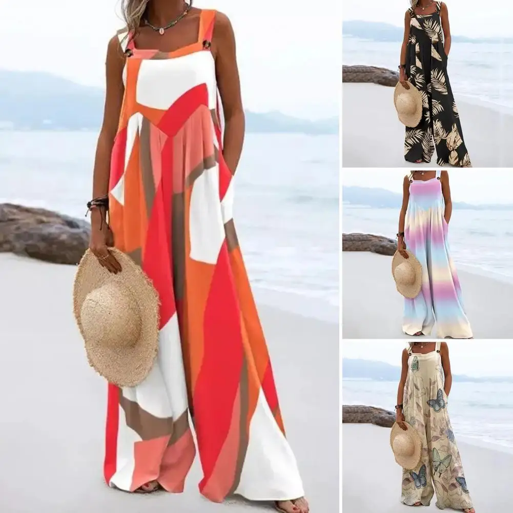 

Jumpsuits For Women Dressy Casual Solid Pocket Romper Long Playsuit Strap Button Jumpsuit For Women Summer Combinaison Femme
