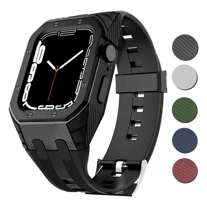 

Carbon Fiber Case+Strap for Apple Watch Band 8 7 45mm Silicone PC cover for iwatch series 6 SE 5 4 44MM 42MM Rubber Bracelet