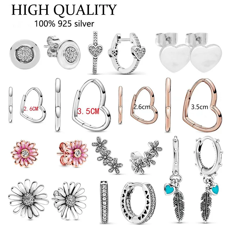 

S925 Silver Color Earrings Flower Daisy Heart Trend Earrings For Women Jewelry Ear Studs Fit Original Pandora Me Charm