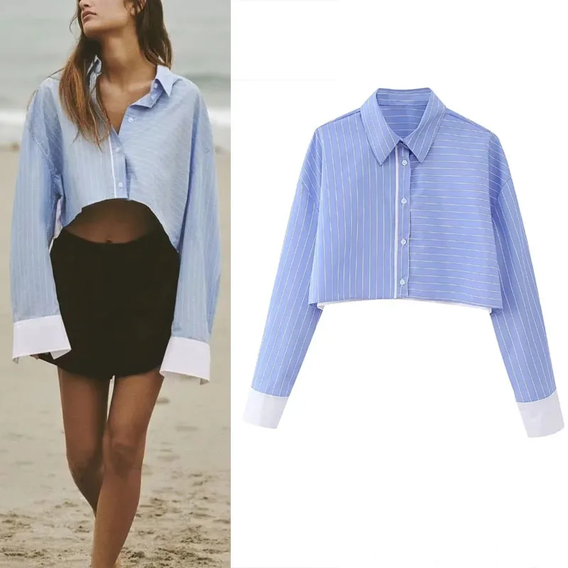 

TRAF Fashion Woman Blouse 2023 Summer Striped Short Shirt Vintage Female Clothing Long Sleeve Casual Shirts And Blouses Chic Top