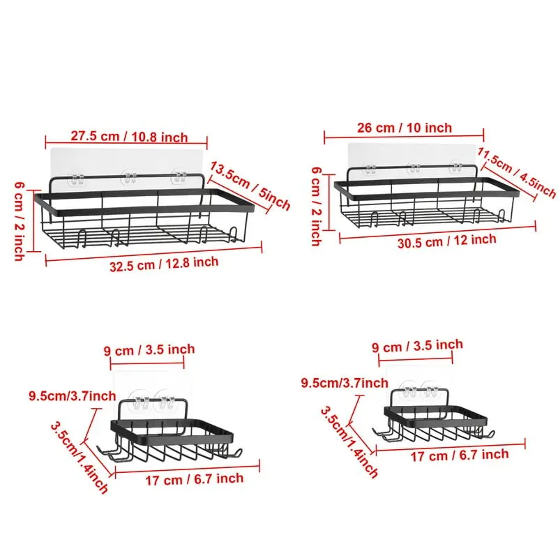 

Caddy, 4 PCS Shower Organizers, Stainless Steel Wall Rack Basket with Adhesives Mounted for Bathroom & Kitchen (Black)