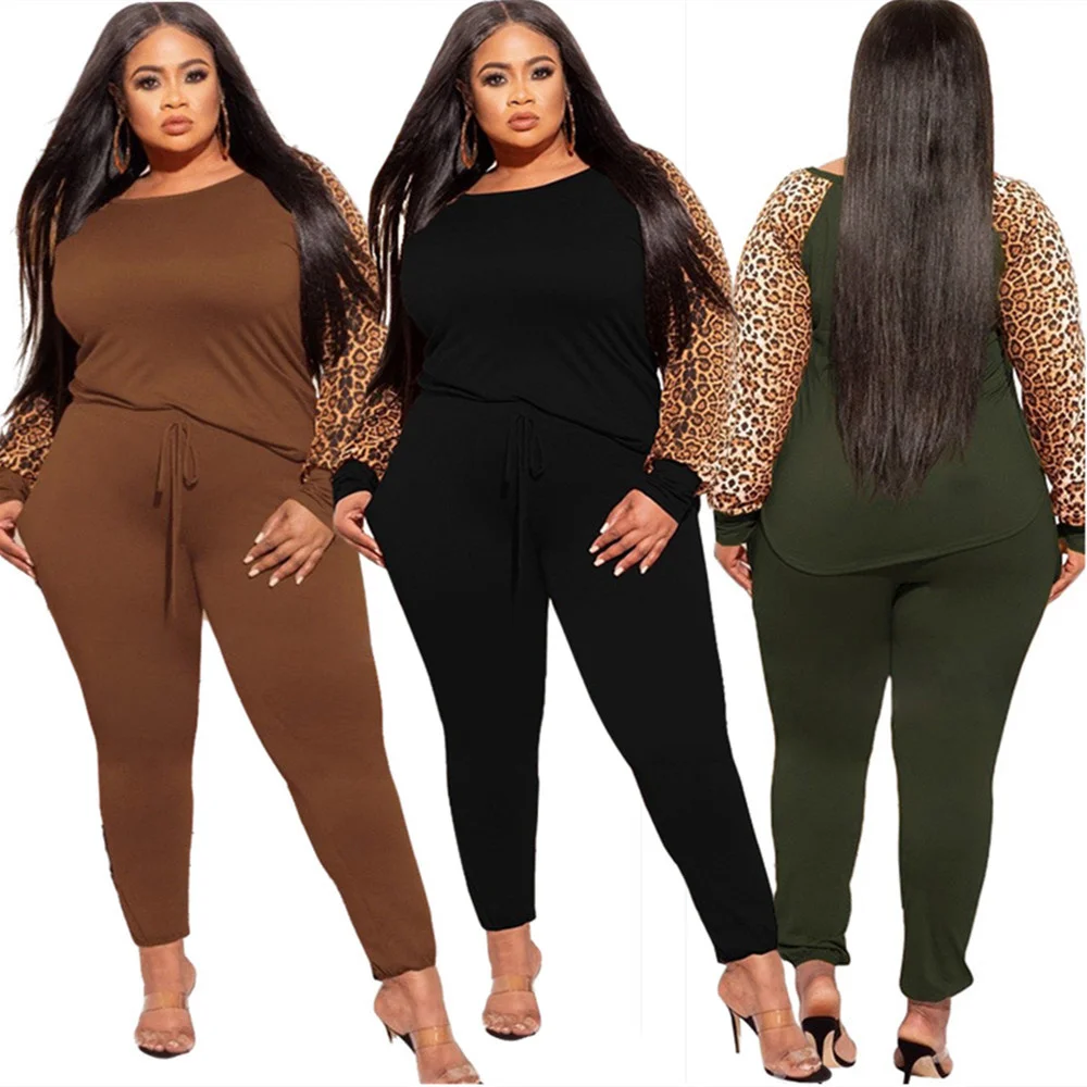 Plus Size Sets 2 Piece Outfit Women Fall Clothes Sweatsuit Tracksuit Leopard Patchwork Crop Top Leggings Whol 3xl 4xl 5xl 6xl