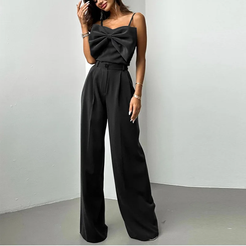 

Office Elegant Commute Two Piece Suits Women Sexy Hight Waist Loose Outfits Fashion Bowknot Sling Tops and Wide Legger Pant Sets